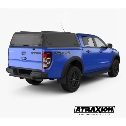 Hardtop Aluminium Rhinoman Xpedition for Ford Ranger & Ranger Raptor Double Cab (12-22) in Matt Black -lift-up panels & lift up rear window